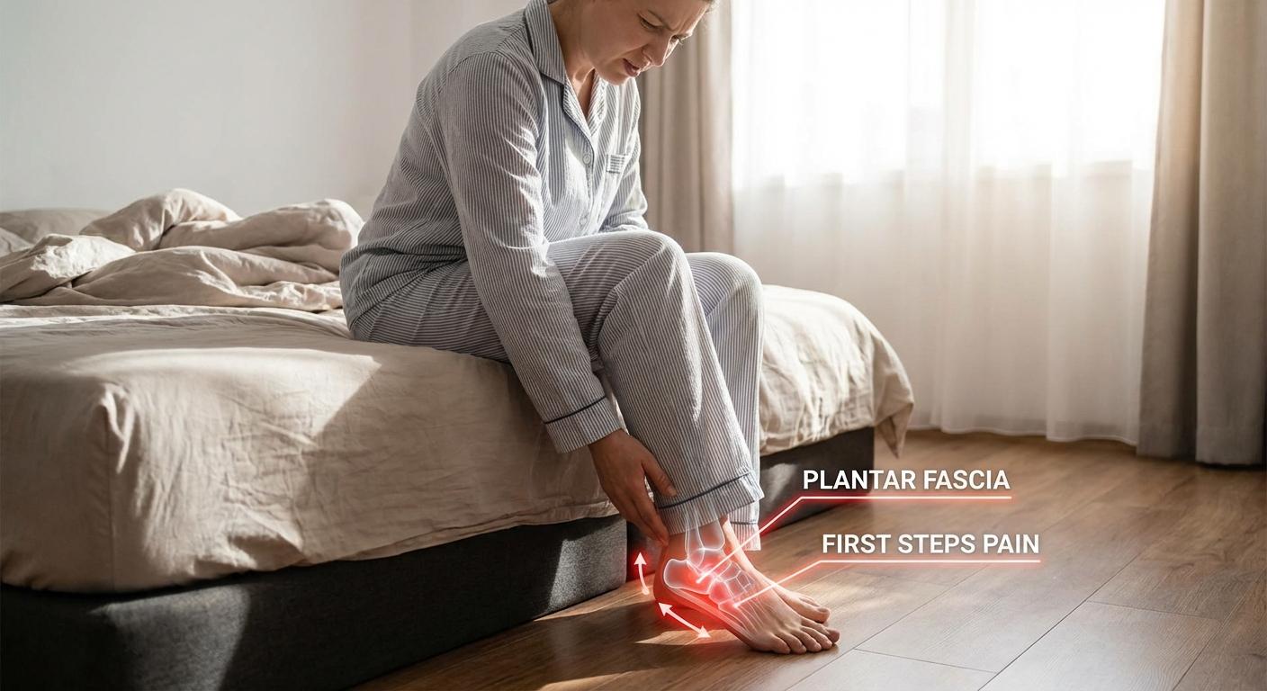 Person with plantar fasciitis morning heel pain getting out of bed