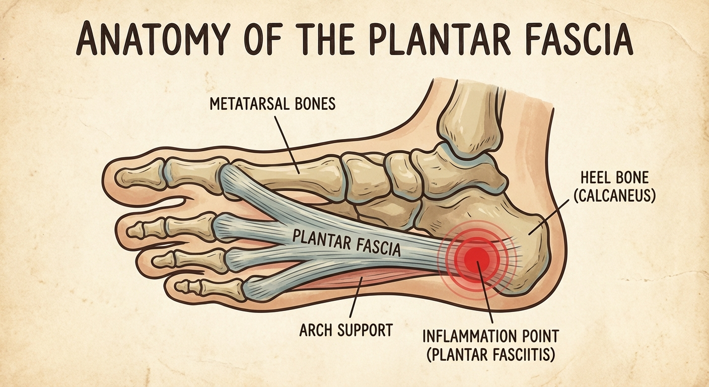Plantar fascia anatomy diagram showing fascia tissue and heel inflammation point