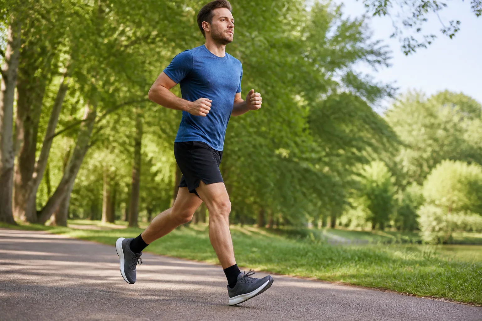Runner wearing supportive neutral running shoes on a park path