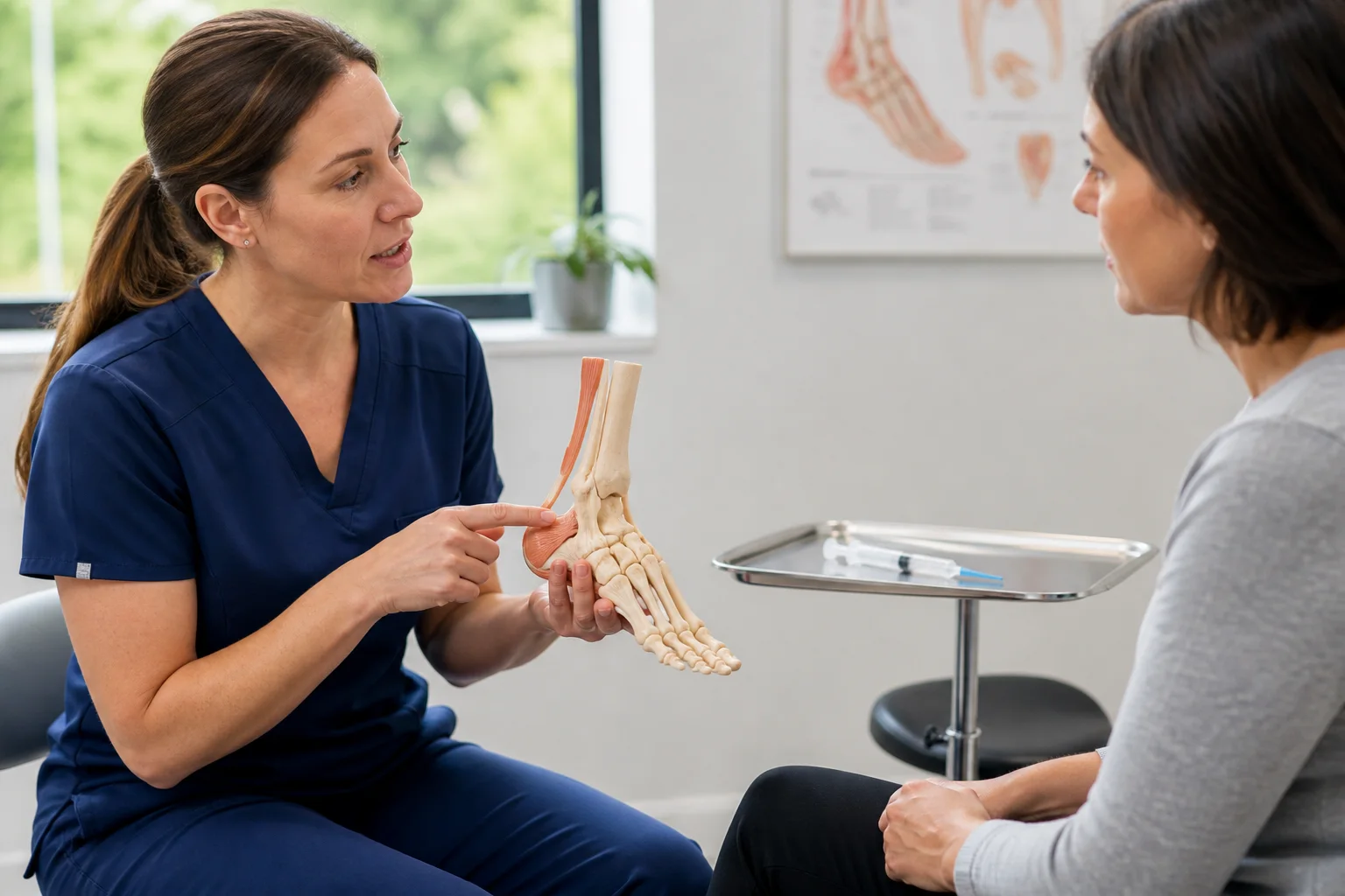 Clinician explaining injection options with a foot anatomy model