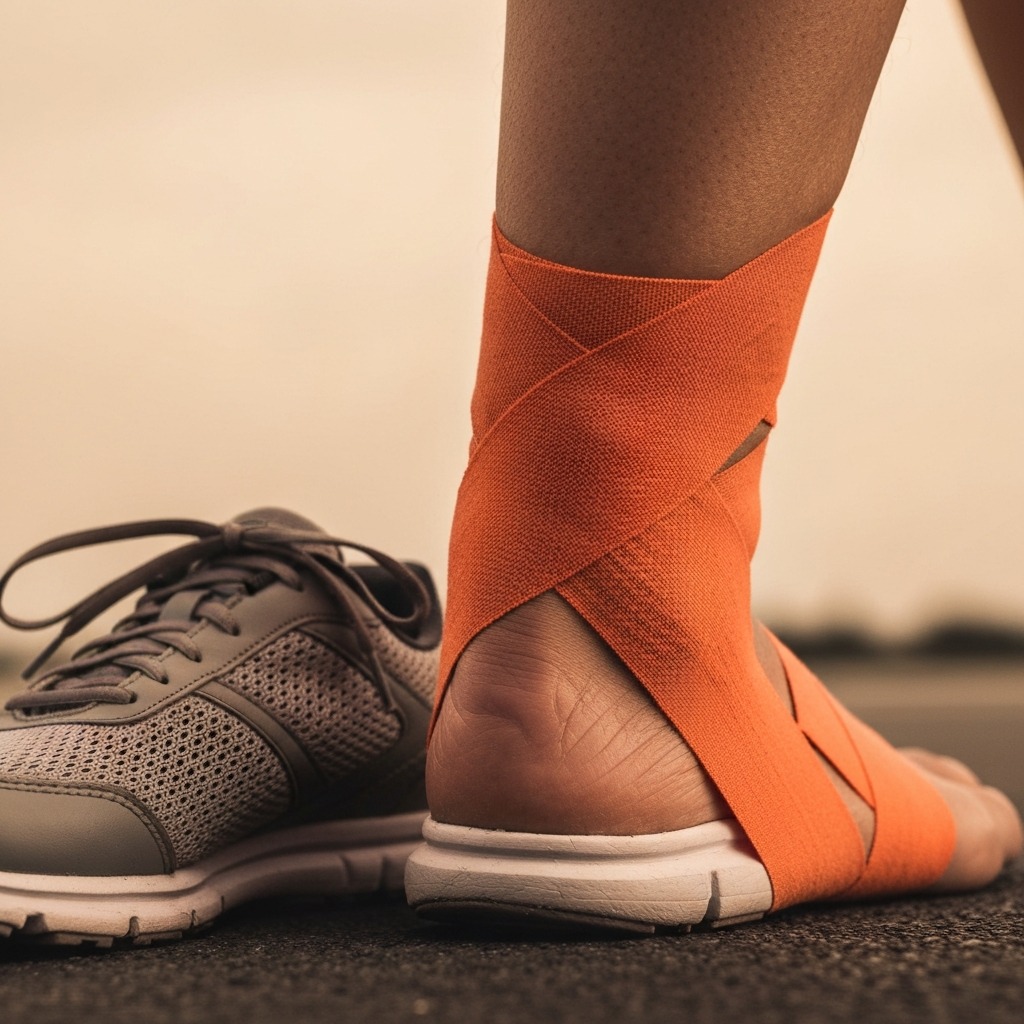 Athlete's foot with heel lock taping applied for marathon running — shows the ankle and heel anchoring pattern