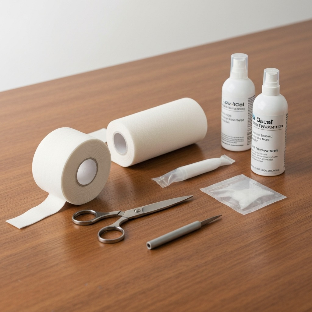 Materials needed for low-Dye plantar fasciitis taping: rigid tape, scissors, and pre-wrap foam