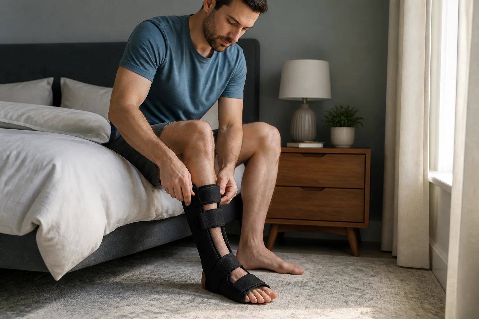 Adult adjusting an unbranded night splint before sleep