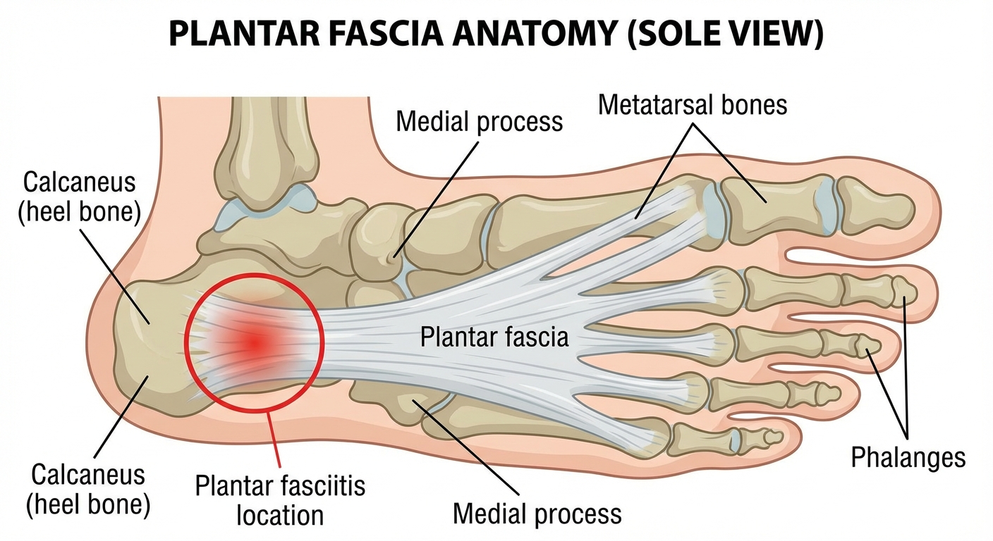 Plantar fascia anatomy diagram showing how night splint maintains dorsiflexion and stretches fascial tissue during sleep