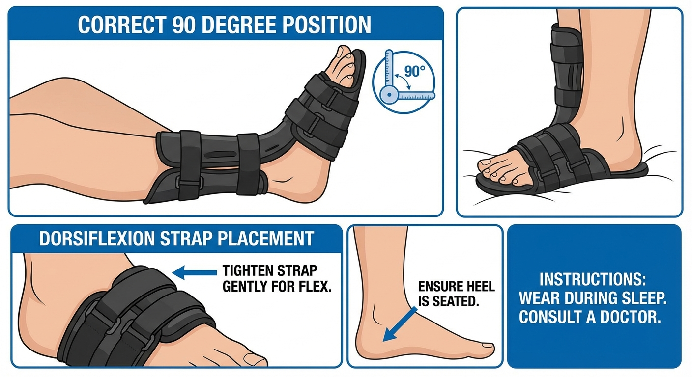Night splint wearing guide showing correct 90 degree foot position dorsiflexion angle fitting instructions