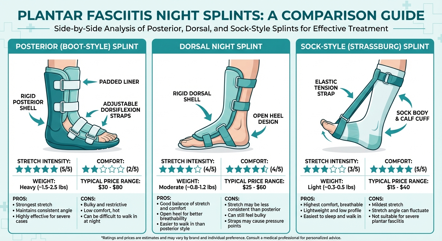 NANO_BANANA_PROMPT: A detailed medical illustration showing a cross-sectional side view of a human foot and ankle inside a posterior night splint. The plantar fascia is highlighted in red showing the stretch from the calcaneus (heel bone) to the metatarsal heads. Arrows indicate the dorsiflexion angle at 90 degrees. The calf muscle and Achilles tendon are shown in an elongated, stretched position. Clean white medical illustration style with anatomical labels. Background shows a bed pillow to indicate nighttime use context.