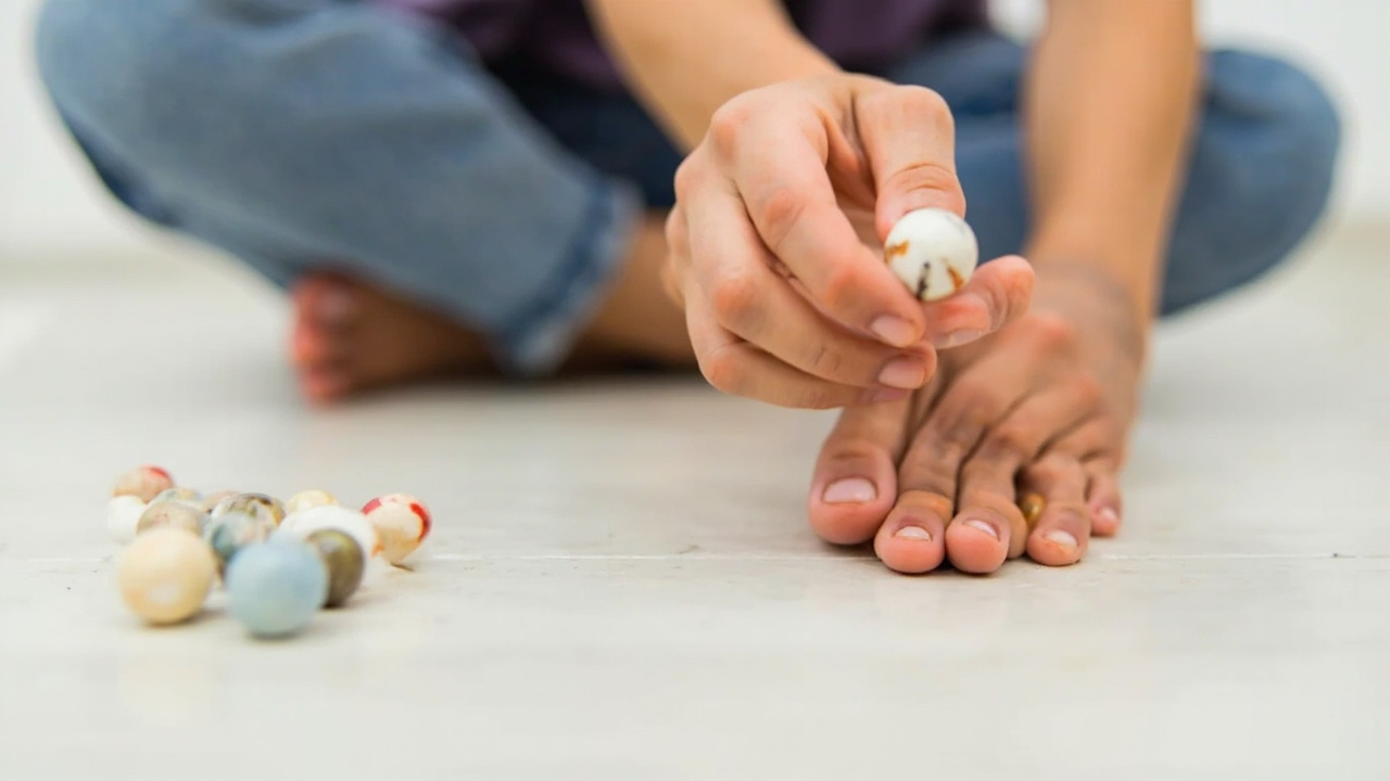 Demonstration of marble pickup exercise for foot strength