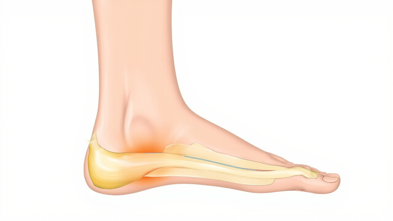 Morning heel pain diagram showing the shortened plantar fascia overnight versus loaded position during the day