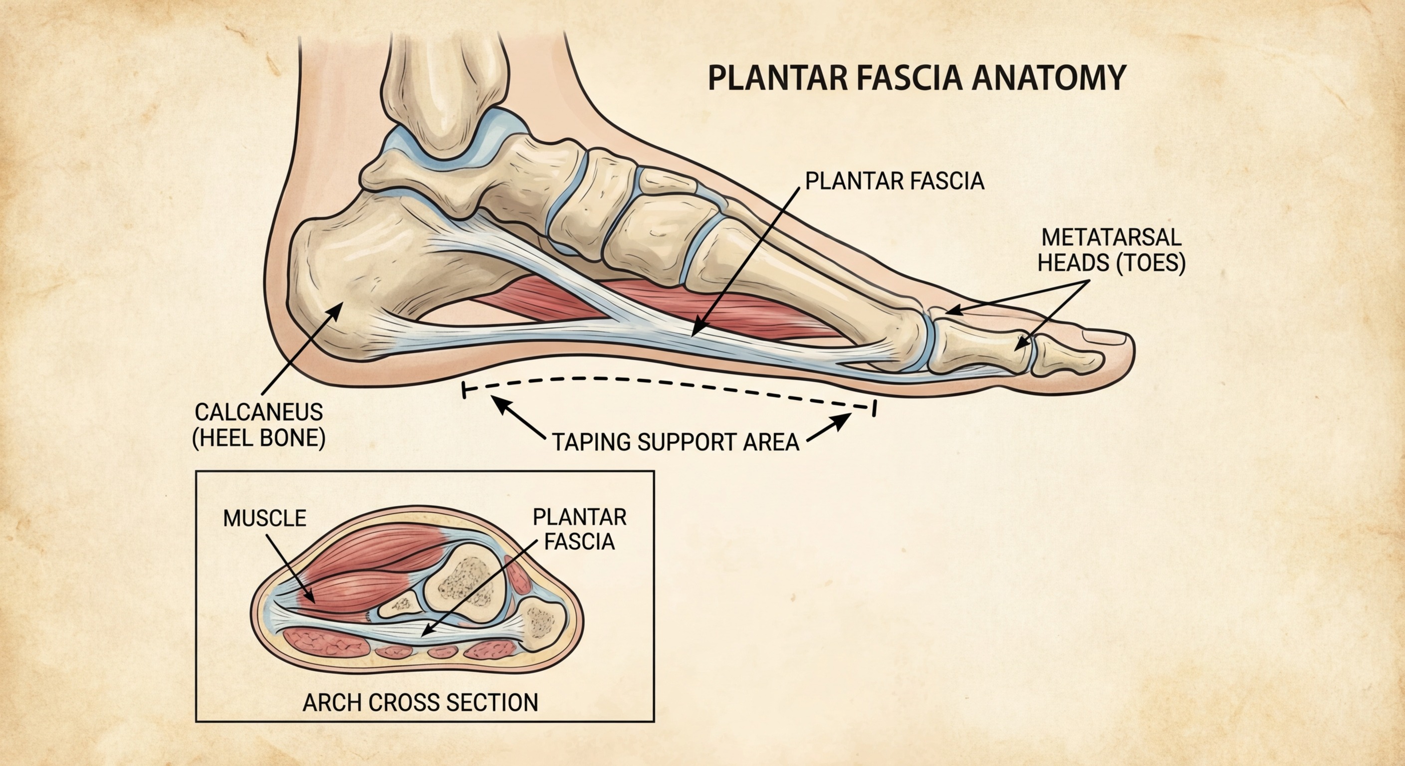 Anatomy diagram showing the plantar fascia band and where taping applies mechanical support to the heel and arch