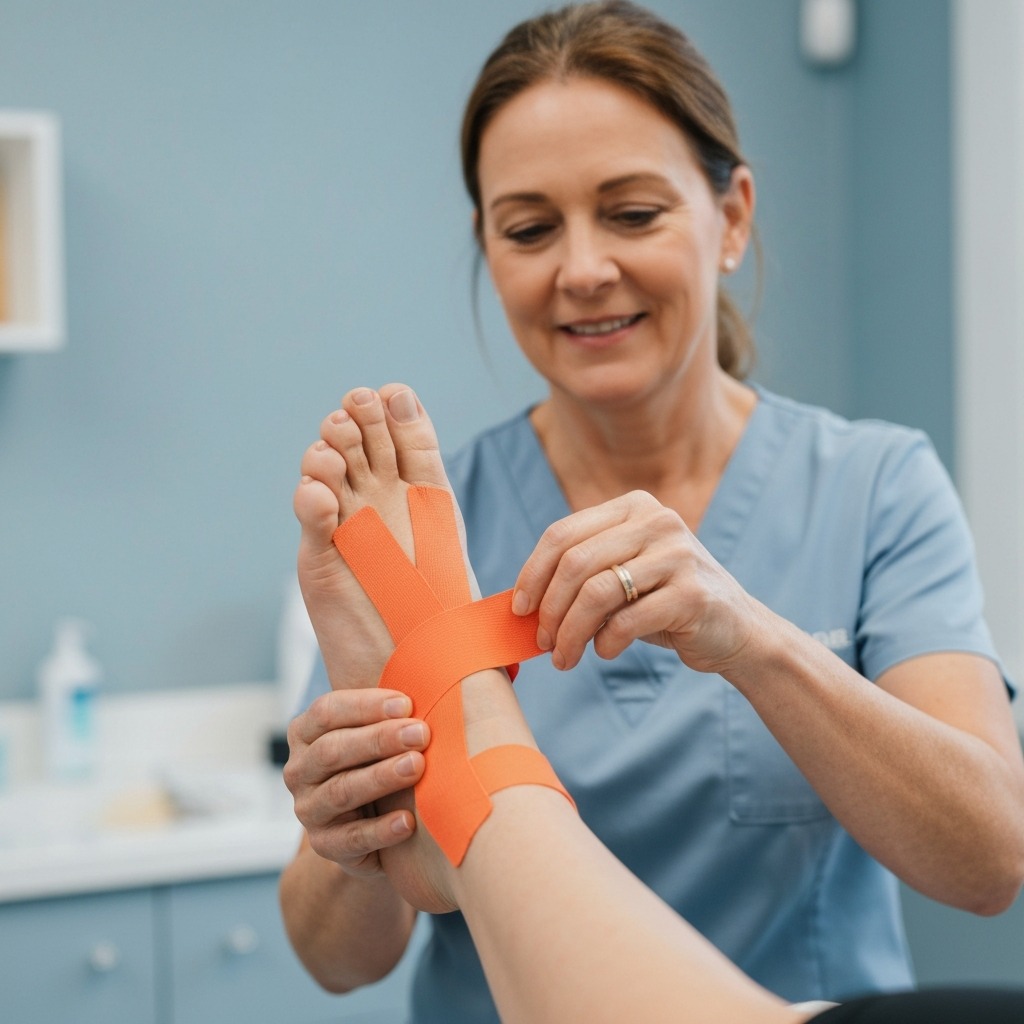 Podiatrist demonstrating plantar fasciitis taping technique on foot with kinesiology tape