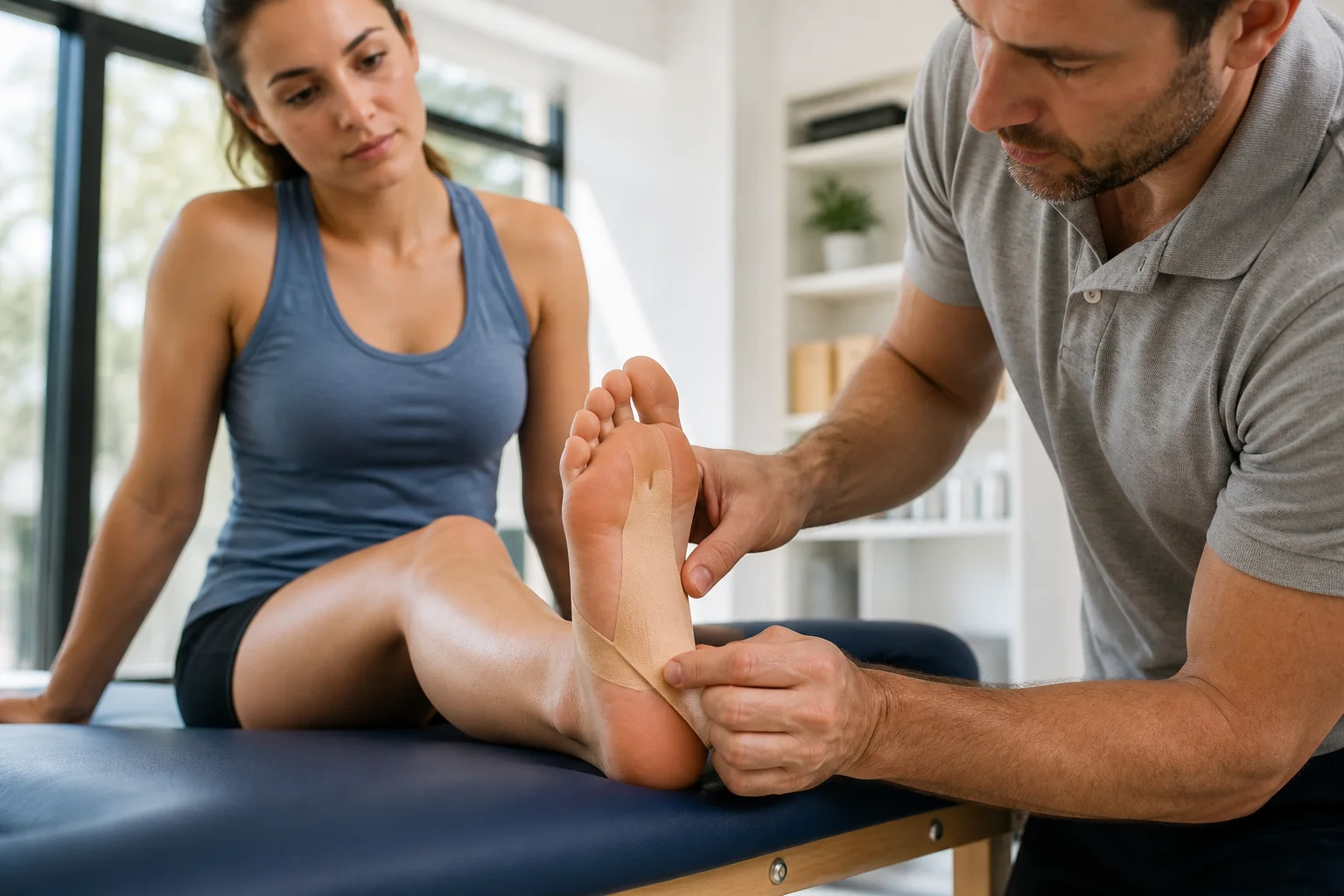 Clinician applying supportive athletic tape to the arch