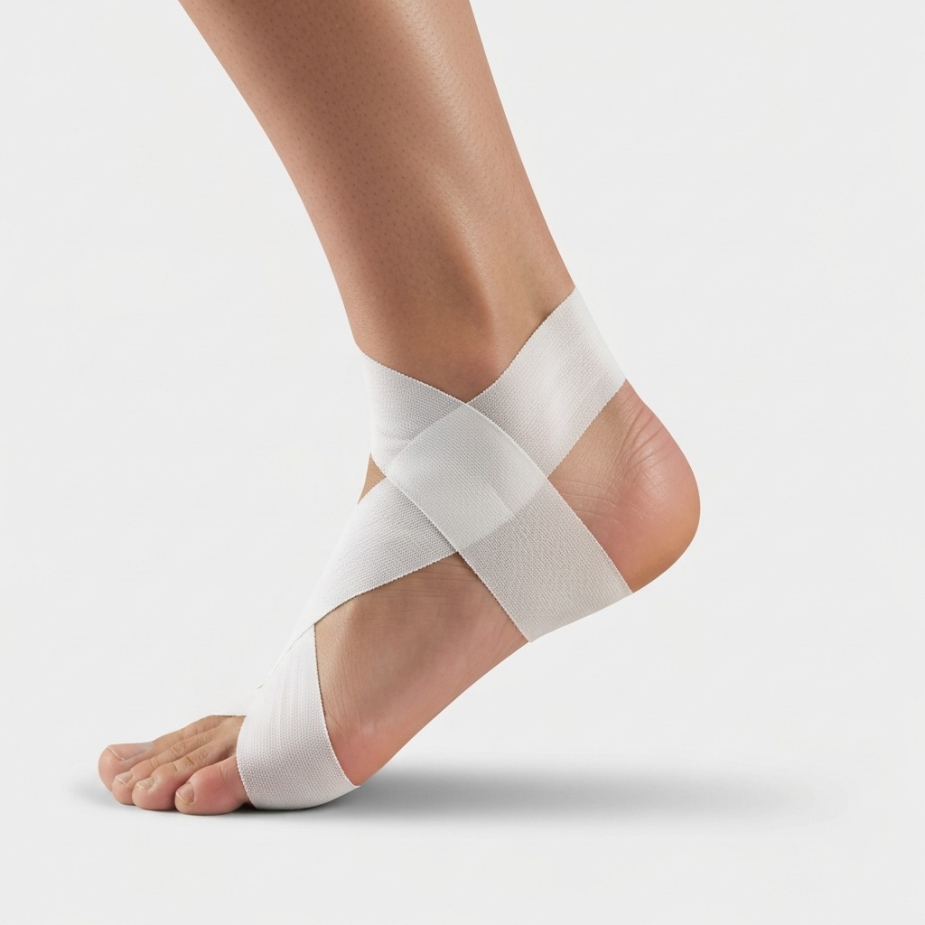 Heel lock taping technique for athletic plantar fasciitis support showing the posterior heel wrap and medial tension pull