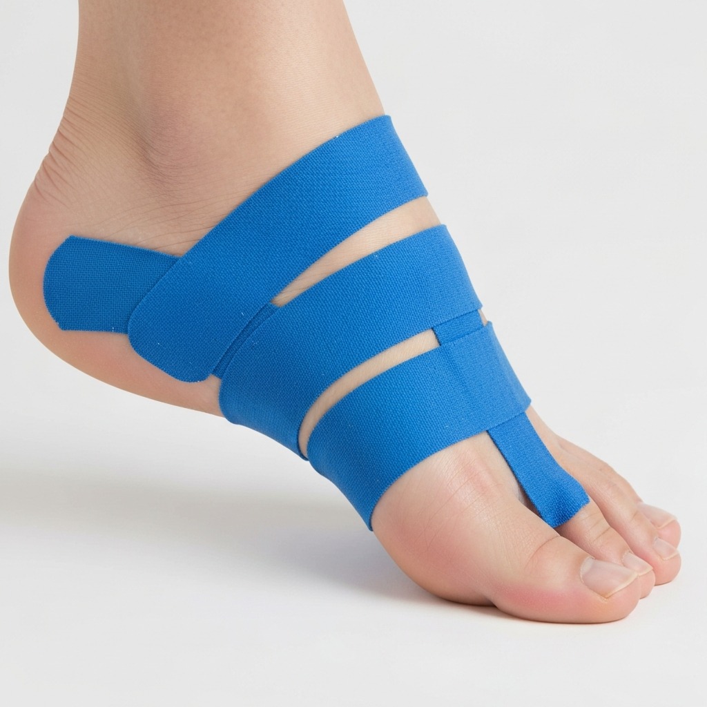Step-by-step KT Tape application for plantar fasciitis showing Y-strip placement along the arch