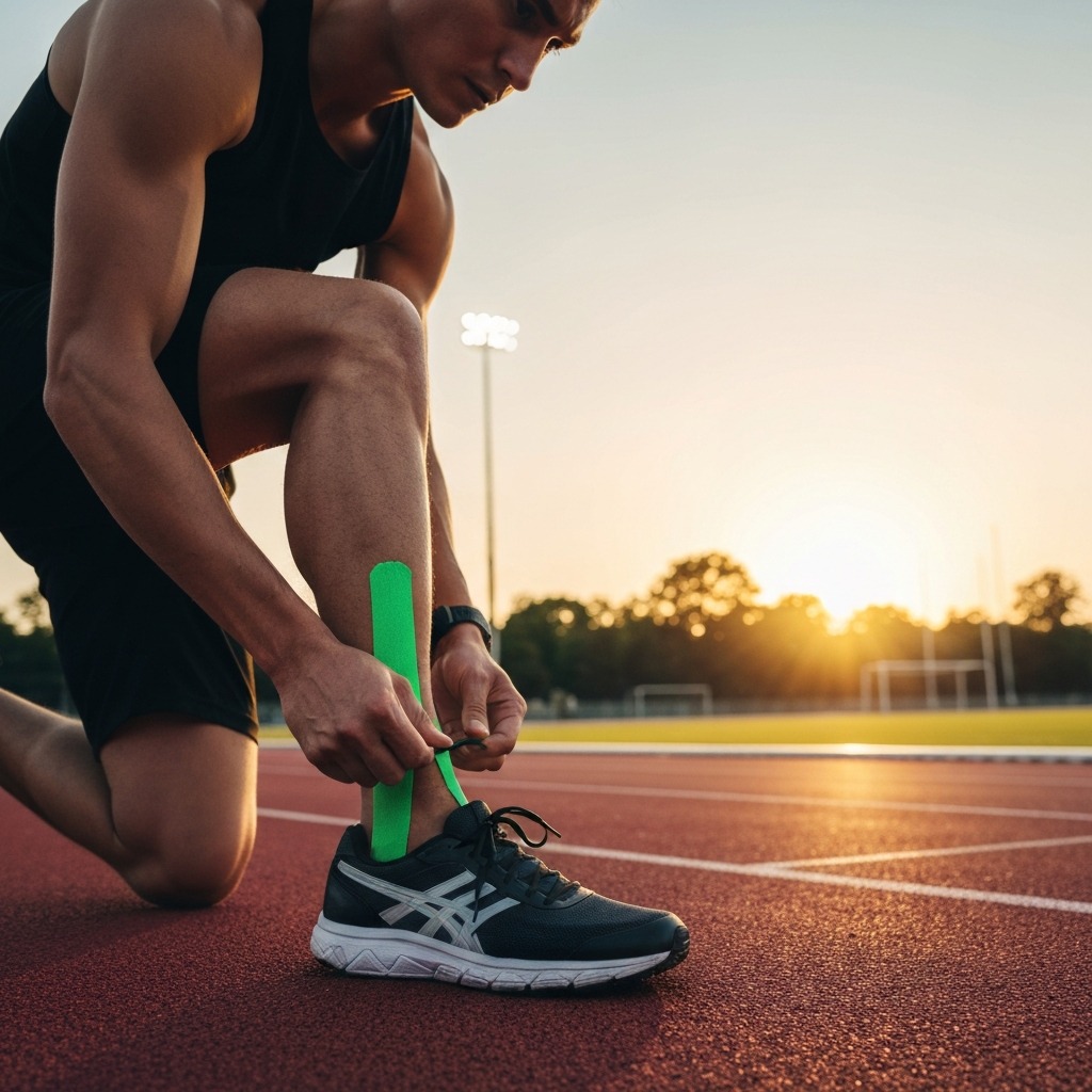 Runner performing proper plantar fasciitis taping before a training run, showing the full low-Dye technique on a foot ready for running