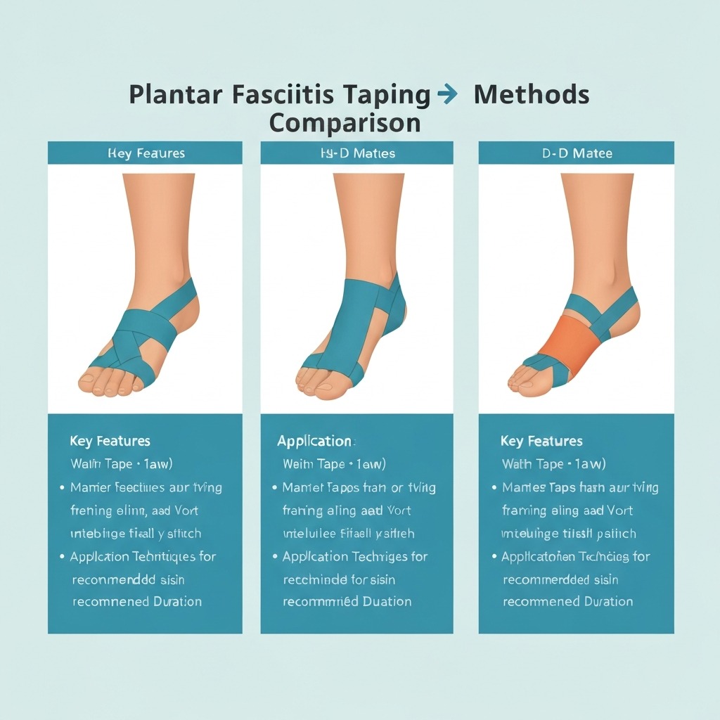 Infographic comparing the three main plantar fasciitis taping methods: low-Dye, kinesiology, and heel lock