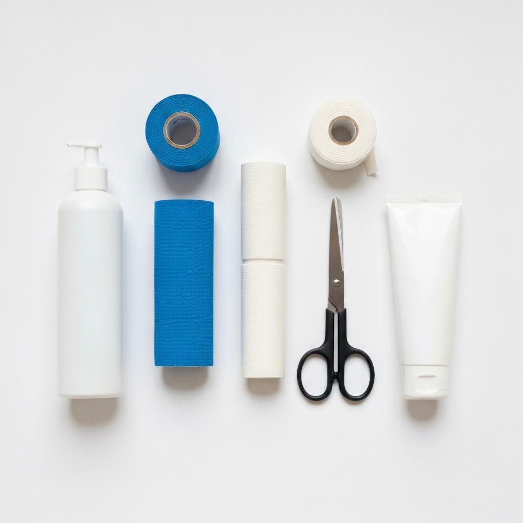 Flatlay of all plantar fasciitis taping supplies on a clean surface: athletic tape, kinesiology tape, scissors, underwrap, and pre-tape spray