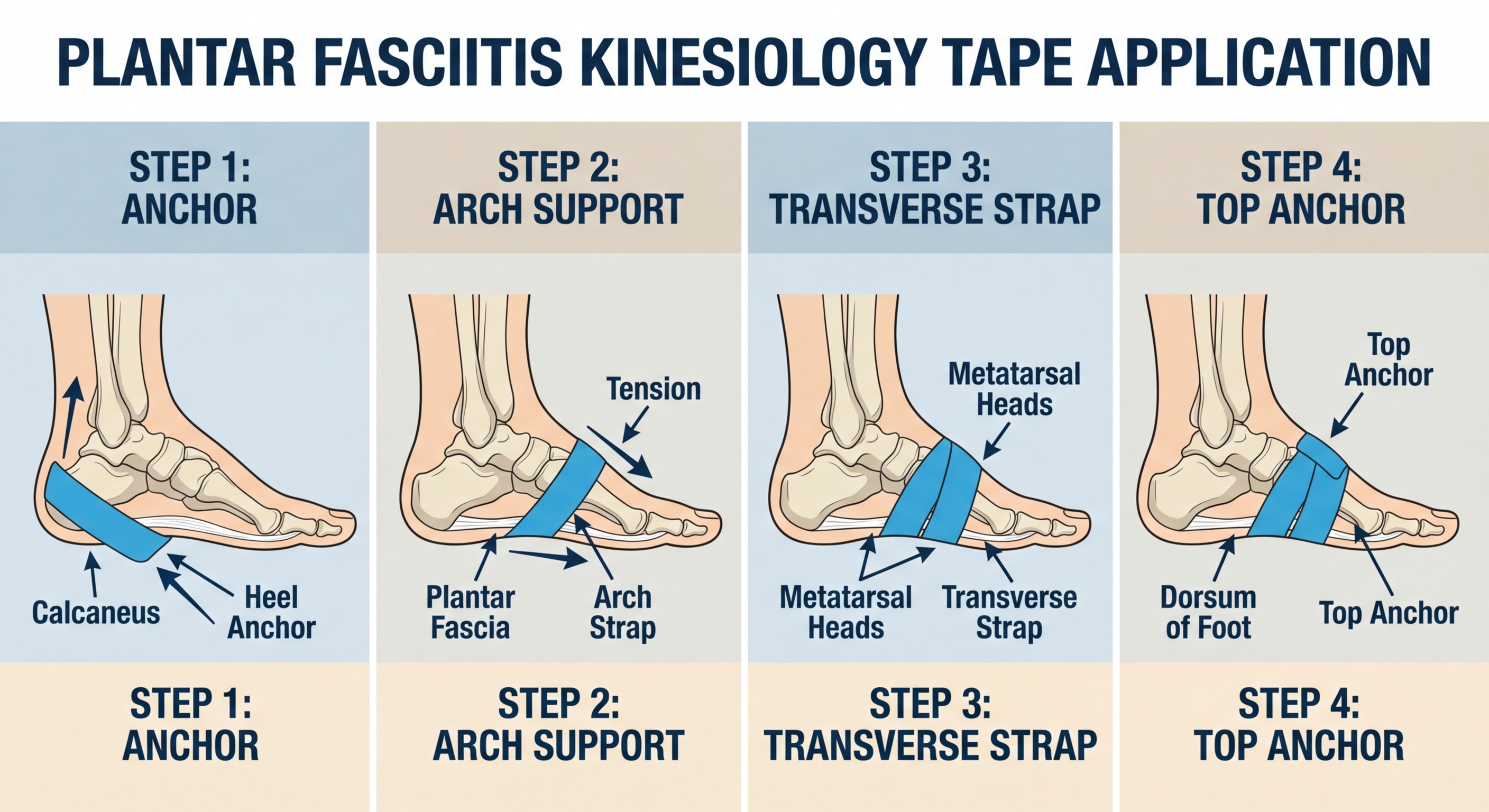 Step-by-step plantar fasciitis kinesiology taping technique infographic showing strip placement and direction
