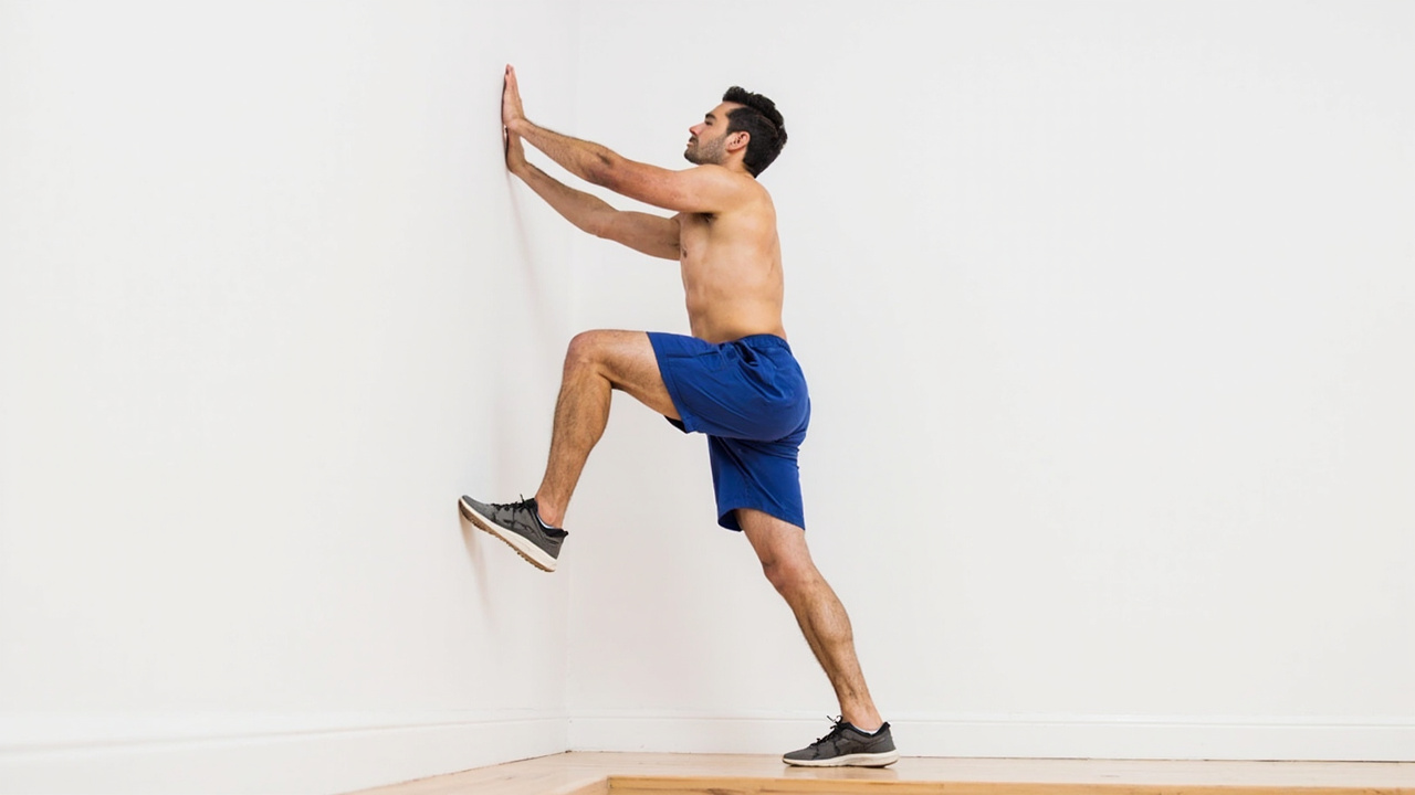 Demonstration of standing wall stretch for plantar fasciitis and calf