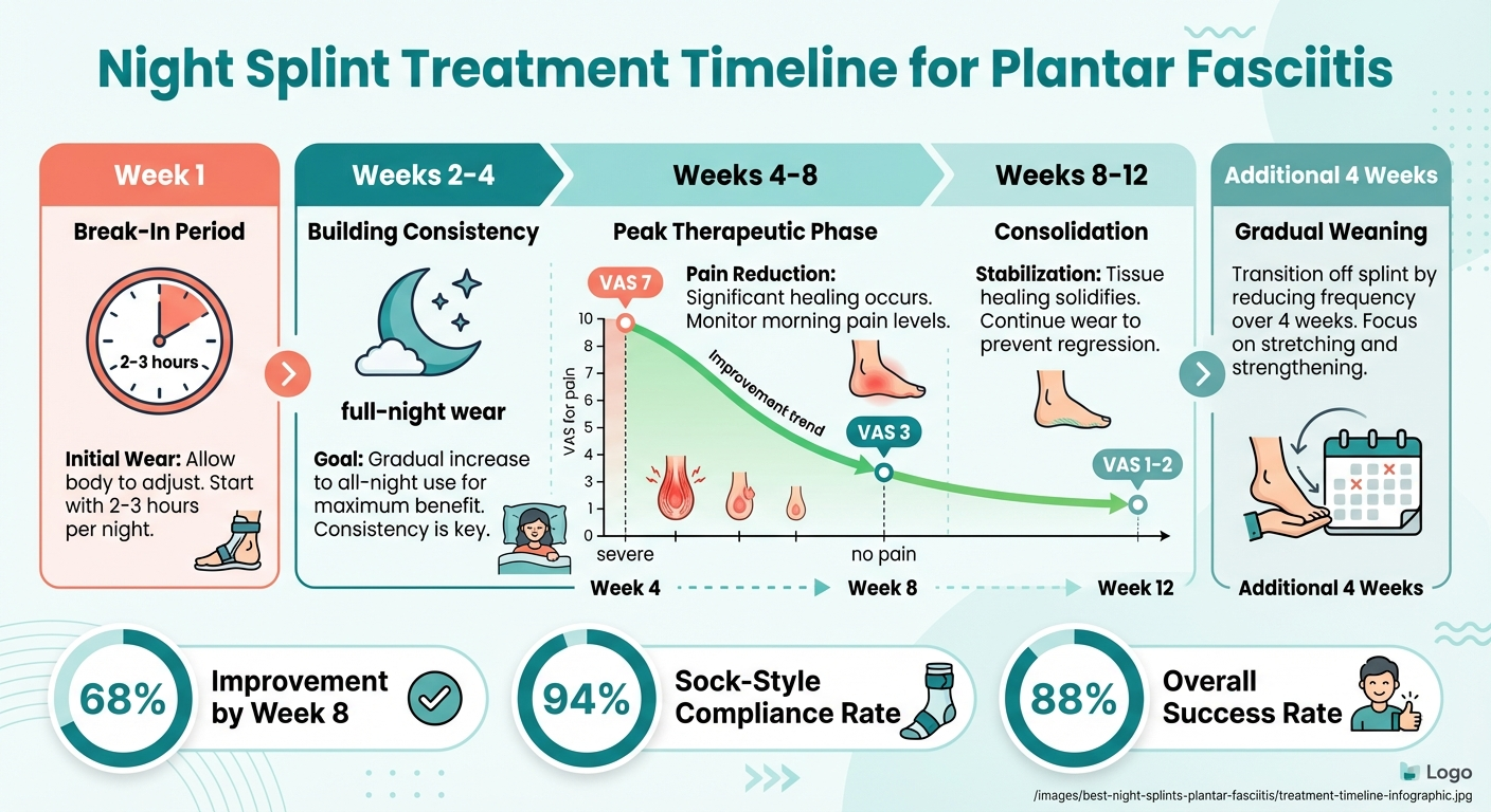 NANO_BANANA_PROMPT: A lifestyle photograph of a person sitting on the edge of a bed at night, wearing a dorsal night splint on their right foot. The bedroom is softly lit by a warm bedside lamp. The person is wearing pajama pants and a comfortable t-shirt. On the nightstand there is a glass of water and an alarm clock showing 10:30 PM. The foot with the night splint is slightly elevated on a small pillow. The scene conveys comfort and a normal bedtime routine. Realistic photography style with warm tones.