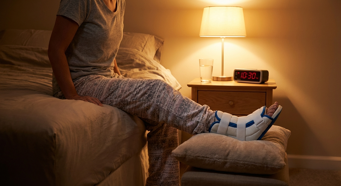 NANO_BANANA_PROMPT: An educational infographic comparing three types of plantar fasciitis night splints side by side. Left panel shows a posterior (boot-style) night splint with labels pointing to the rigid posterior shell, padded liner, and adjustable dorsiflexion straps — rated 5 stars for stretch intensity and 2 stars for comfort. Center panel shows a dorsal night splint with the rigid shell on top of the foot and open heel design — rated 4 stars for stretch and 4 stars for comfort. Right panel shows a sock-style Strassburg-type splint with elastic tension strap from toe to shin — rated 3 stars for stretch and 5 stars for comfort. Each panel includes weight, typical price range, and a brief pros/cons list. Clean modern medical illustration style with teal and white color scheme.