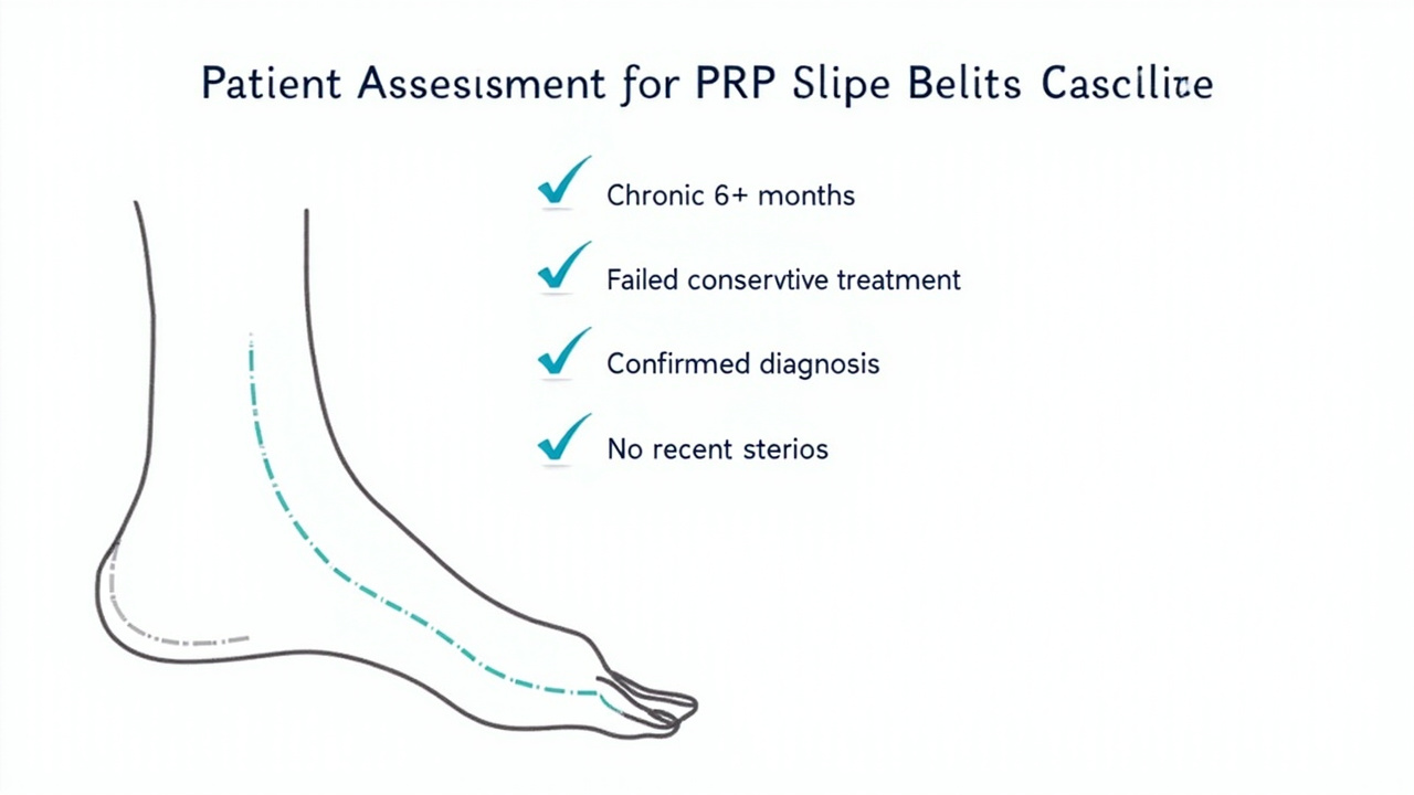 Assessment infographic showing ideal candidate criteria for PRP plantar fasciitis treatment