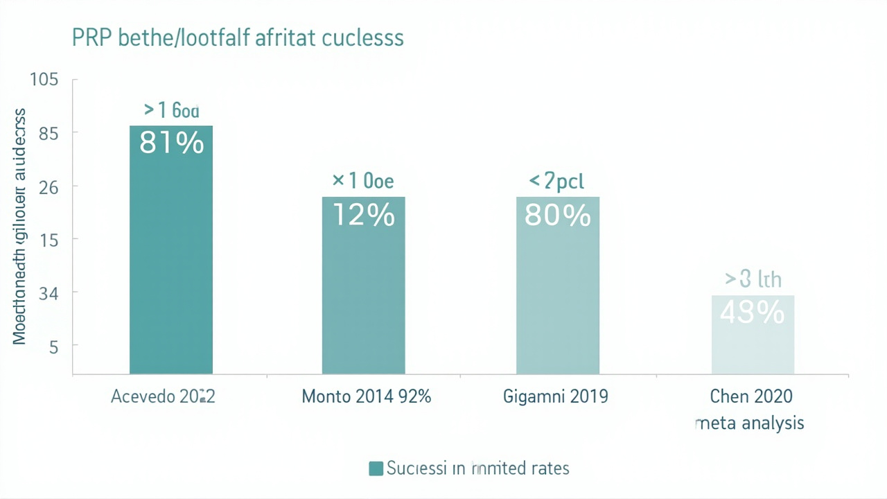 Bar chart infographic showing success rates from major PRP plantar fasciitis clinical trials