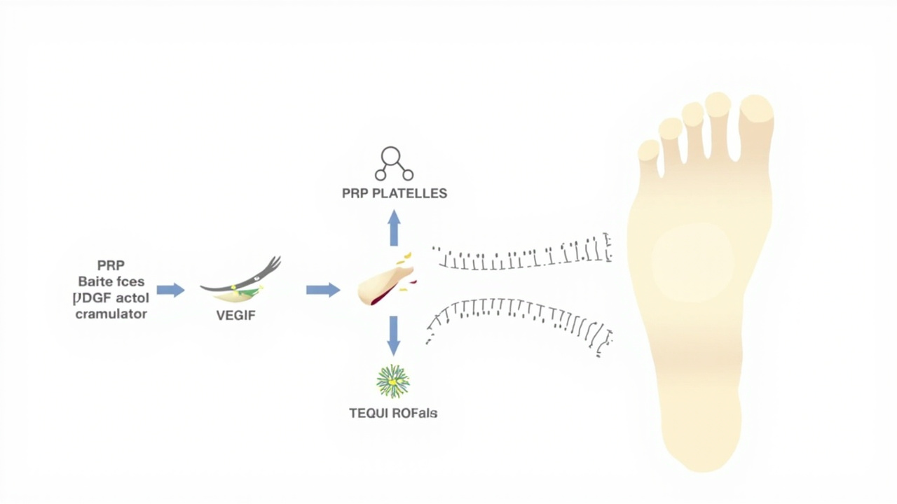Infographic showing the healing cascade triggered by PRP in damaged plantar fascia tissue