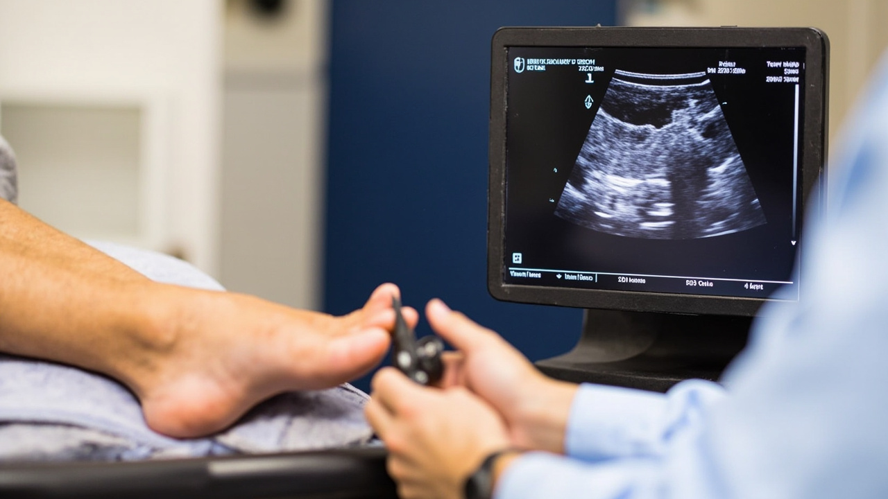 Clinical procedure image showing ultrasound-guided PRP injection technique for plantar fasciitis
