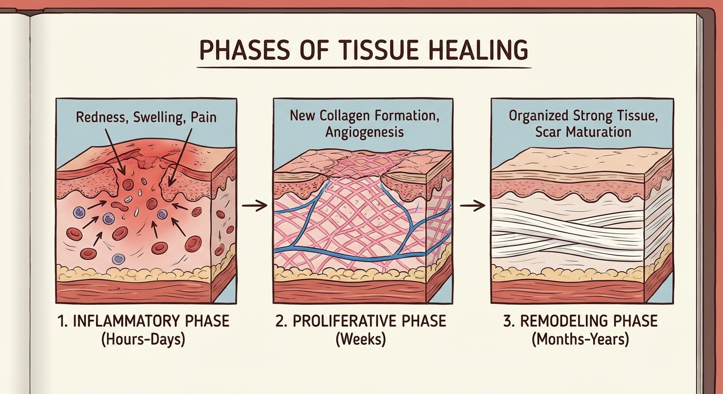 Illustration of the three healing phases: inflammatory, proliferative, and remodeling