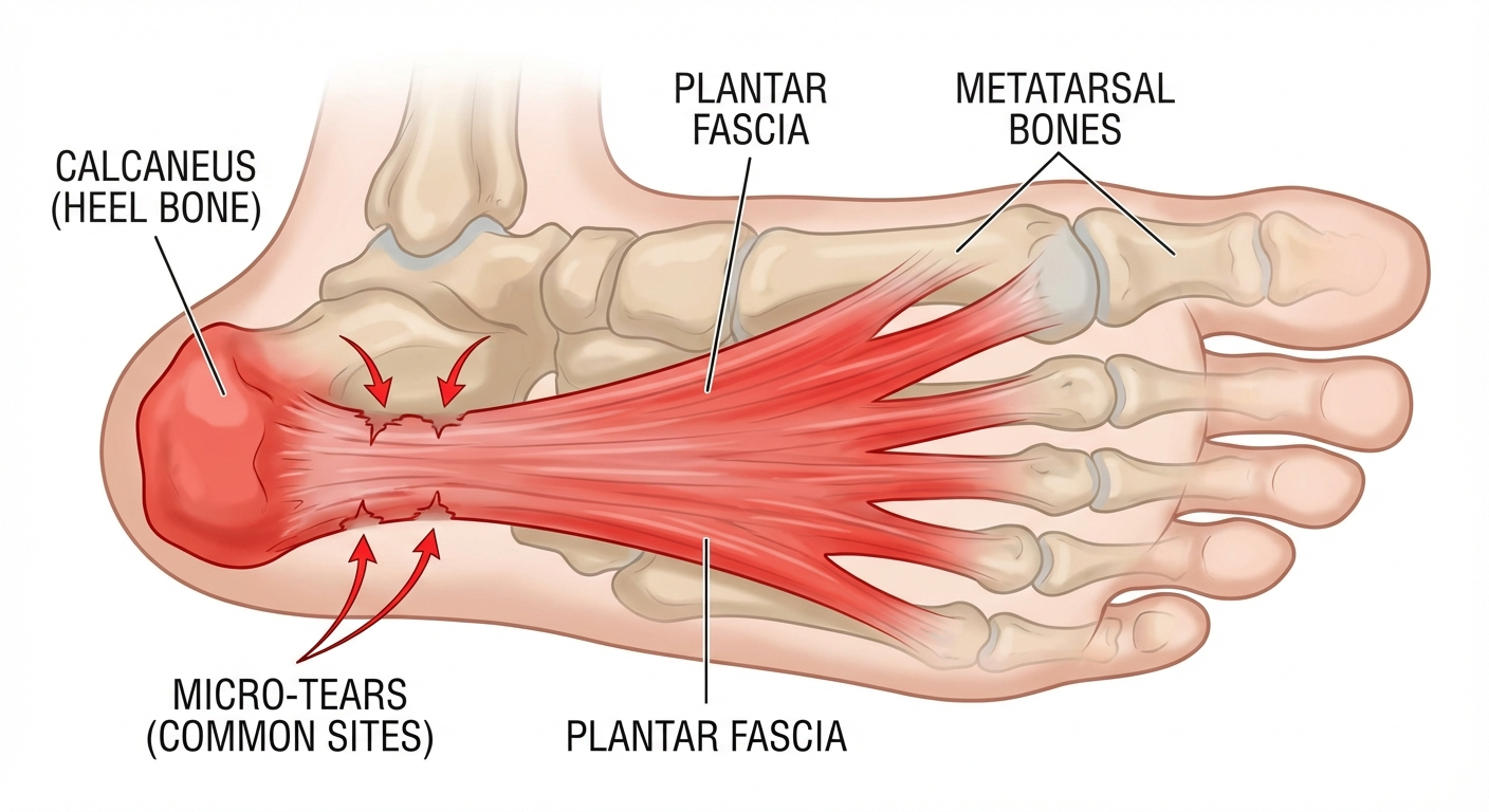 Anatomical diagram showing the plantar fascia and common sites of micro-tearing near the heel