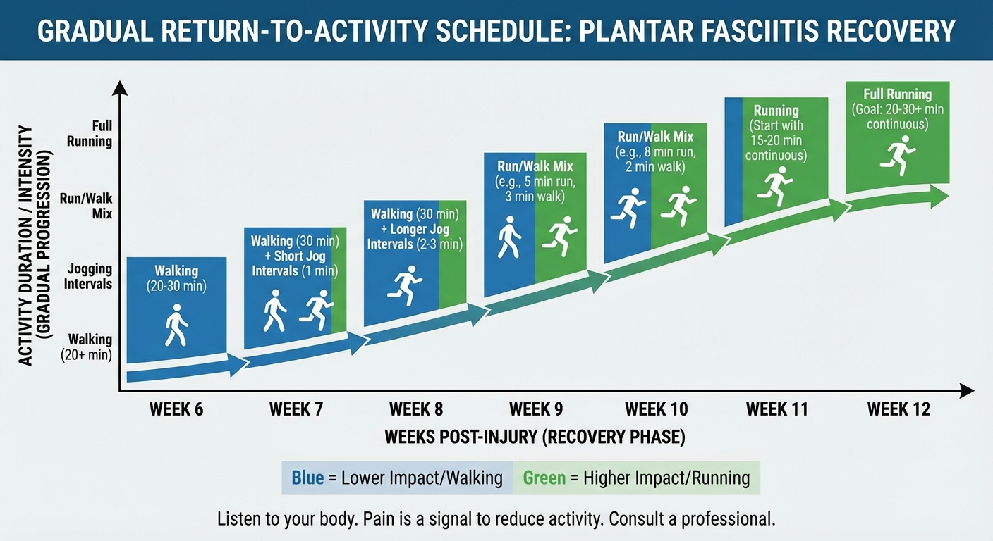 Infographic showing a gradual return-to-activity schedule over weeks 6 through 12