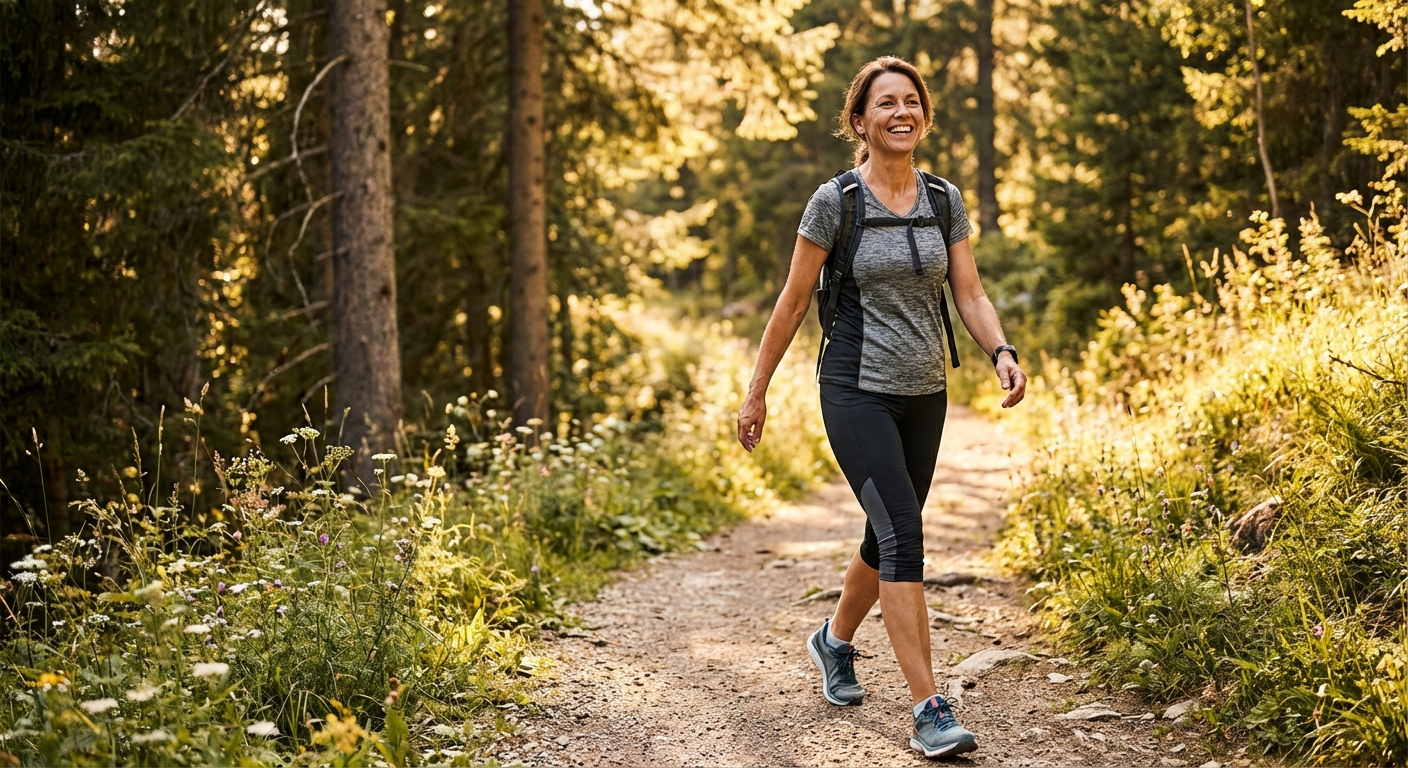 Person walking comfortably on a trail during the later stages of plantar fasciitis recovery