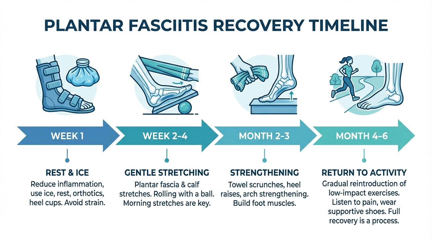 Infographic showing the full plantar fasciitis recovery timeline from week 1 through month 6
