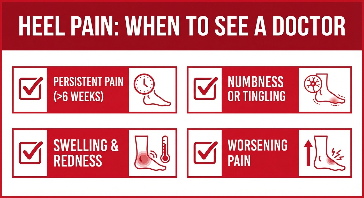 Checklist infographic showing warning signs that indicate you should see a doctor for heel pain