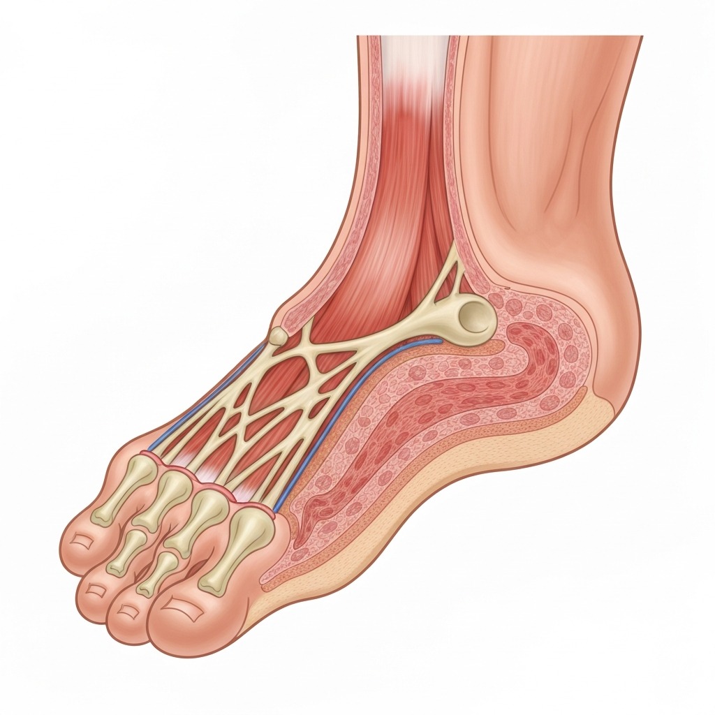 Plantar fascia anatomical diagram showing heel attachment, arch, and ball of foot with fascia band highlighted