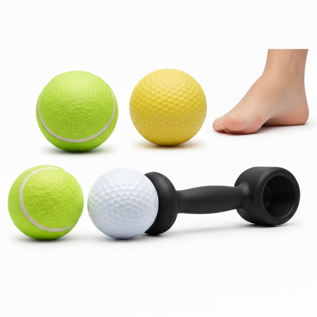 Tennis ball vs lacrosse ball vs foot roller for plantar fasciitis comparison infographic showing pressure and effectiveness