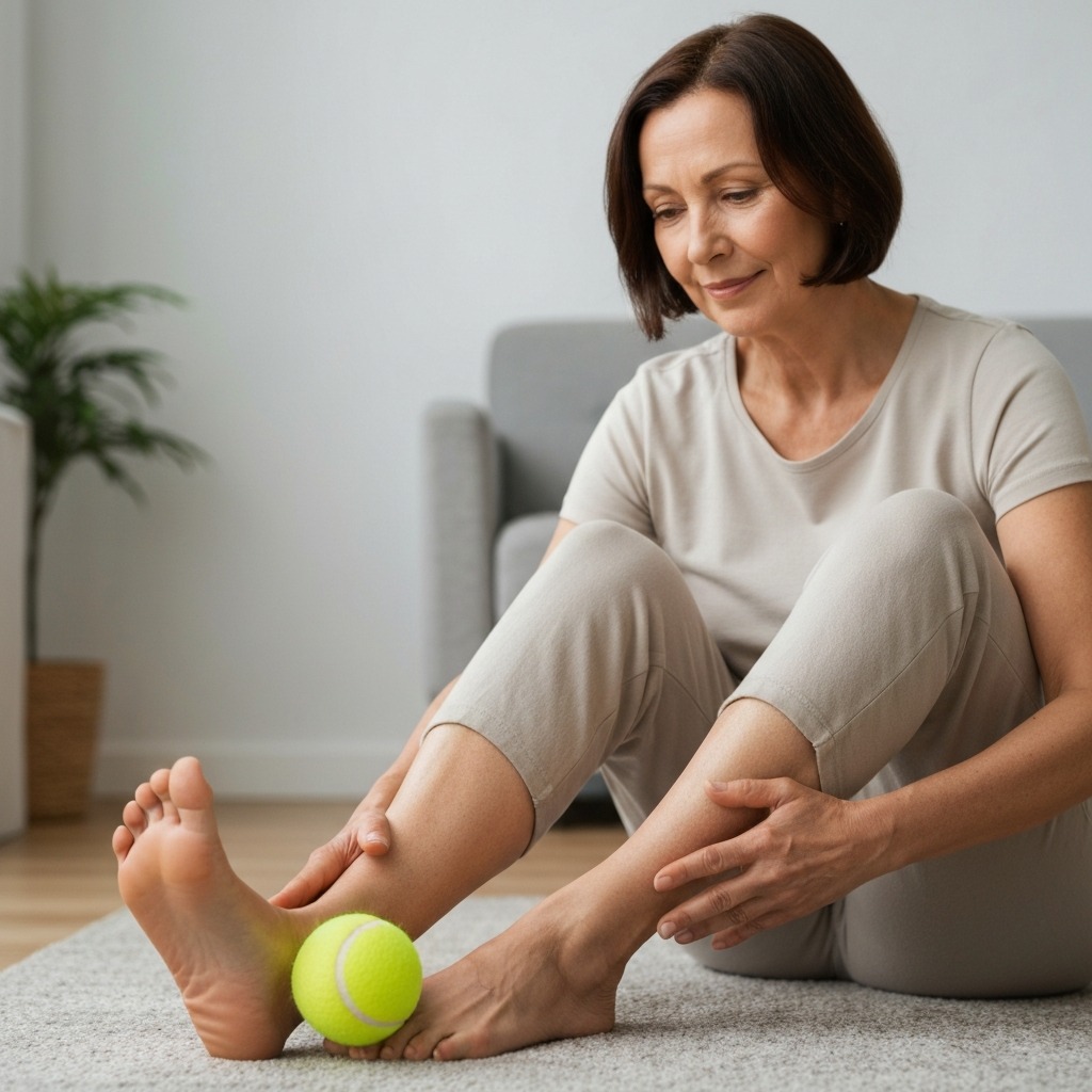Rolling a tennis ball for plantar fasciitis hero image showing seated technique with foot on tennis ball