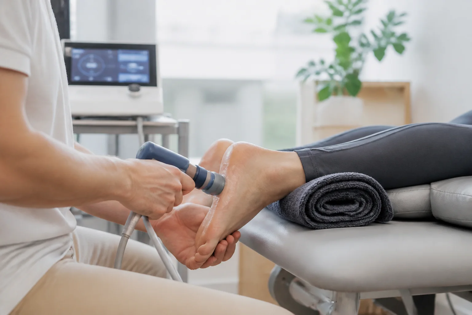 Clinician applying shockwave therapy to a relaxed patient's heel