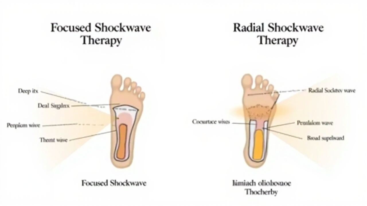 Comparison diagram of focused vs radial shockwave therapy showing wave penetration patterns
