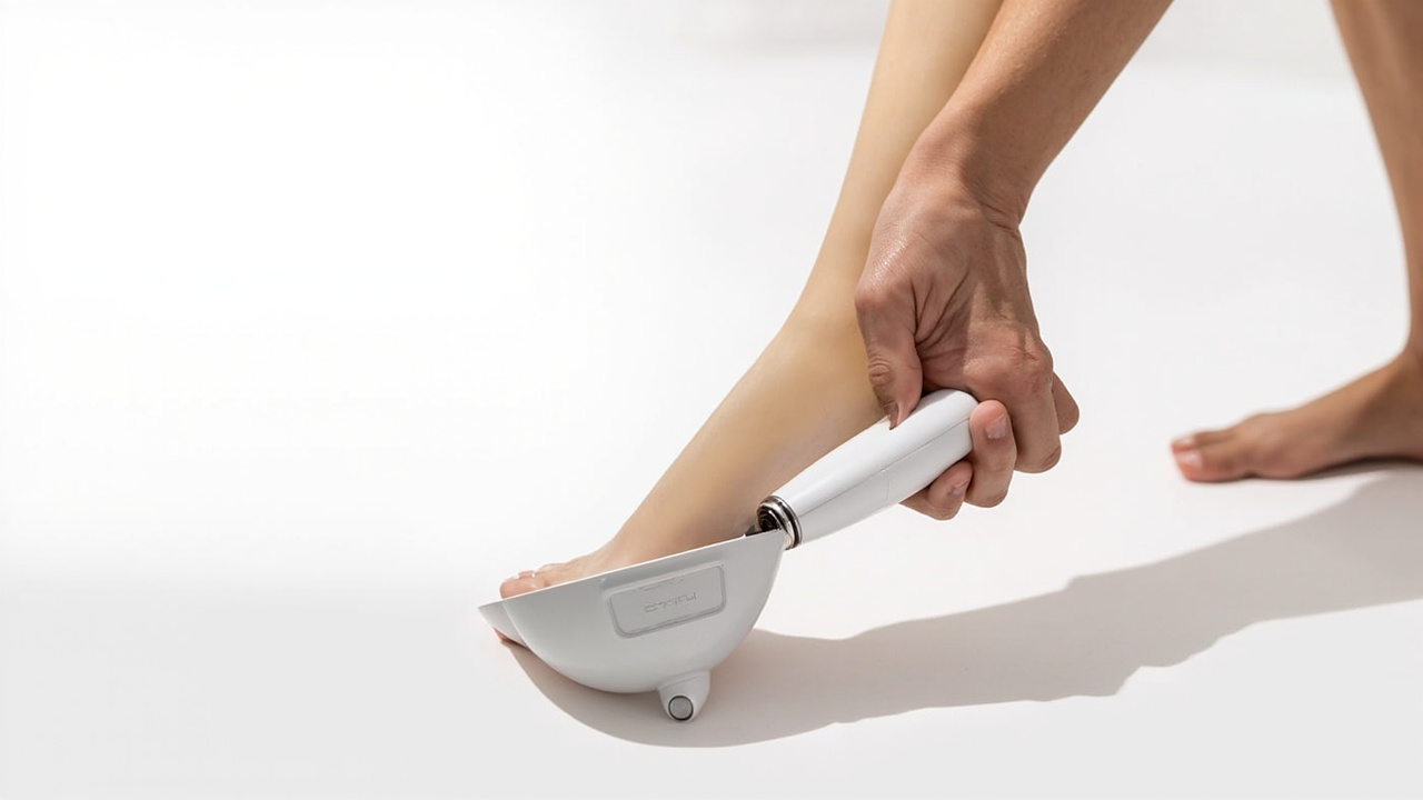 Portable home shockwave device being used on the foot alongside clinical device comparison