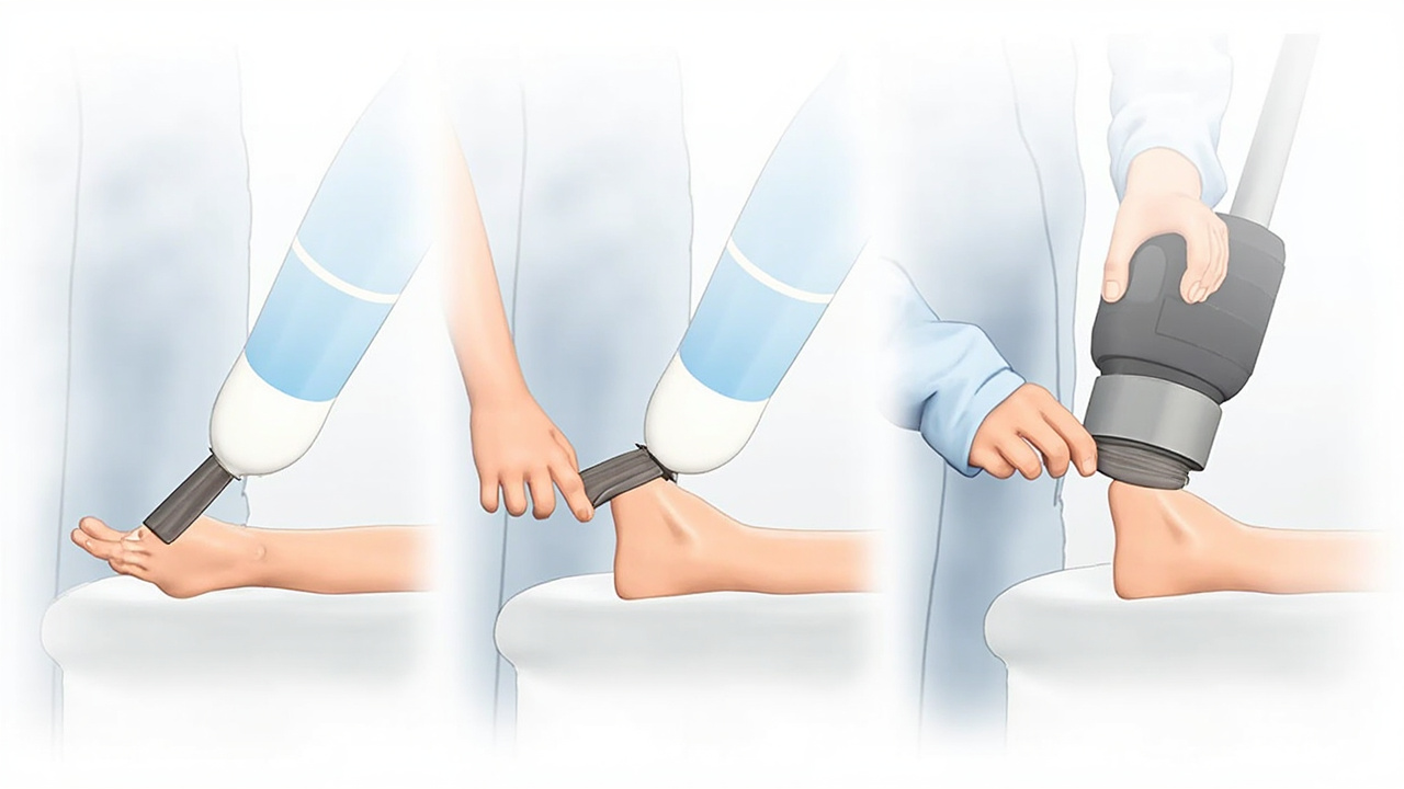 Step-by-step shockwave therapy procedure showing patient preparation, gel application, and treatment delivery