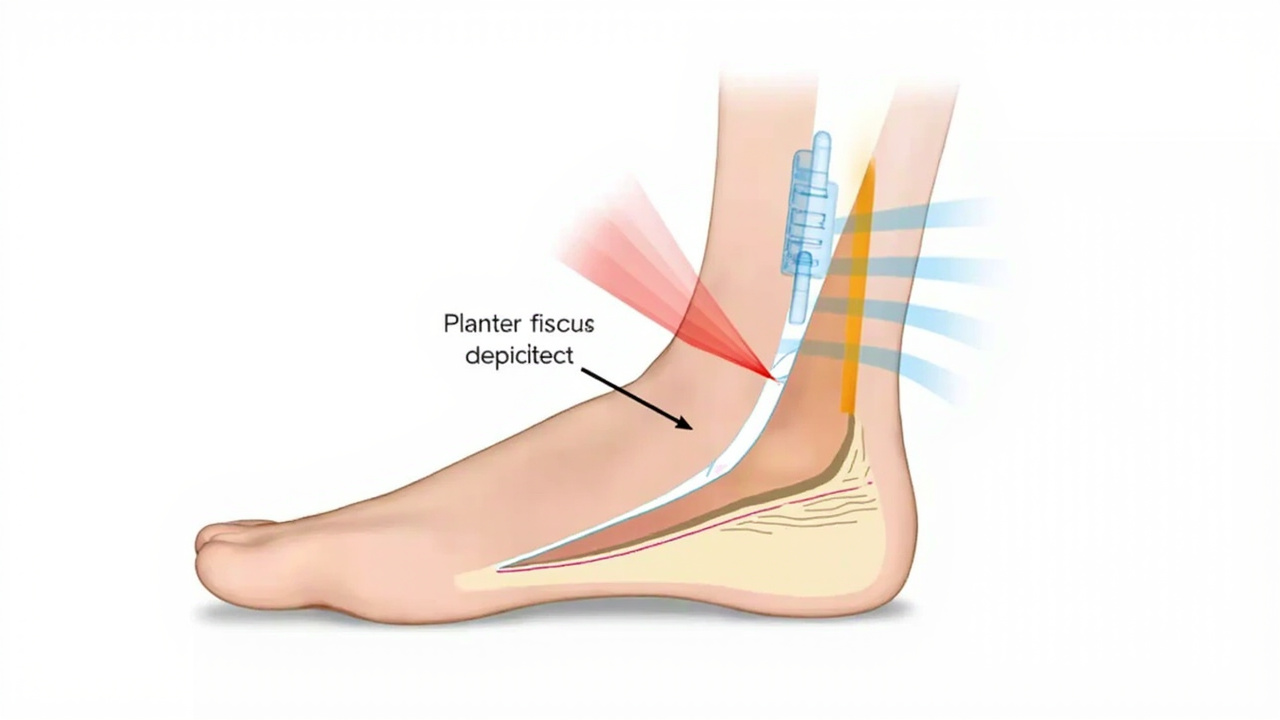 Diagram of shockwave therapy mechanism showing acoustic waves penetrating plantar fascia tissue