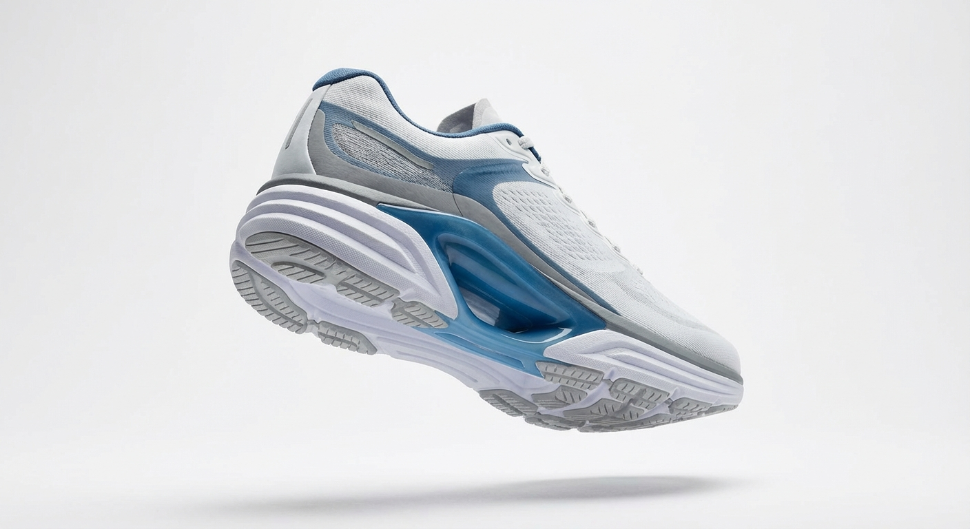 Infographic showing 5 key shoe features for plantar fasciitis: arch support, heel counter, cushioned midsole, heel-to-toe drop, and wide toe box