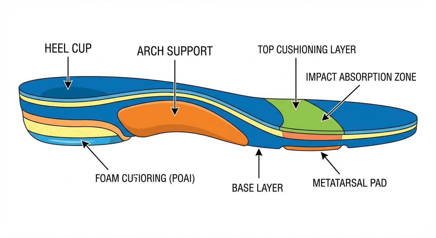 Close-up side view of a running shoe showing midsole cushioning and arch support structure