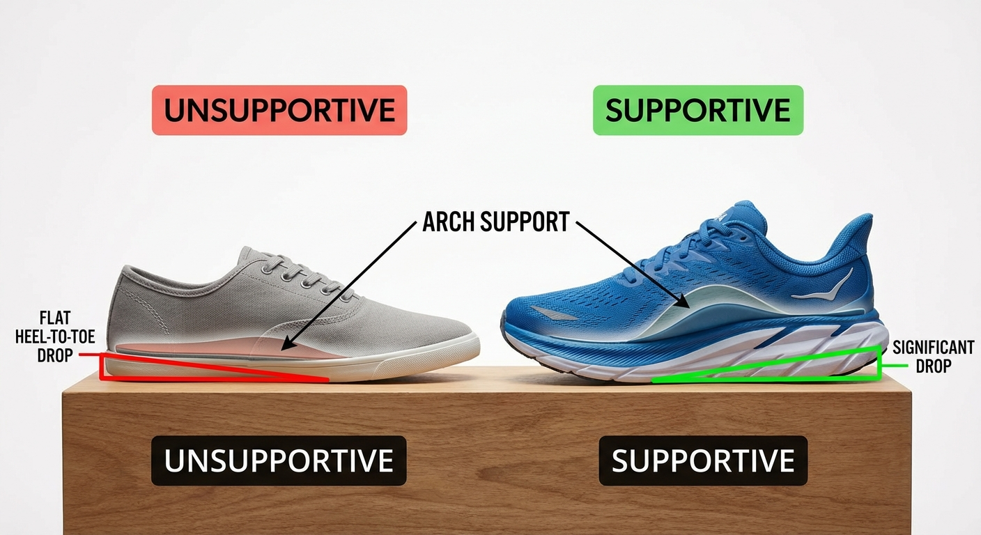 Person walking on a paved path in a park wearing supportive walking shoes