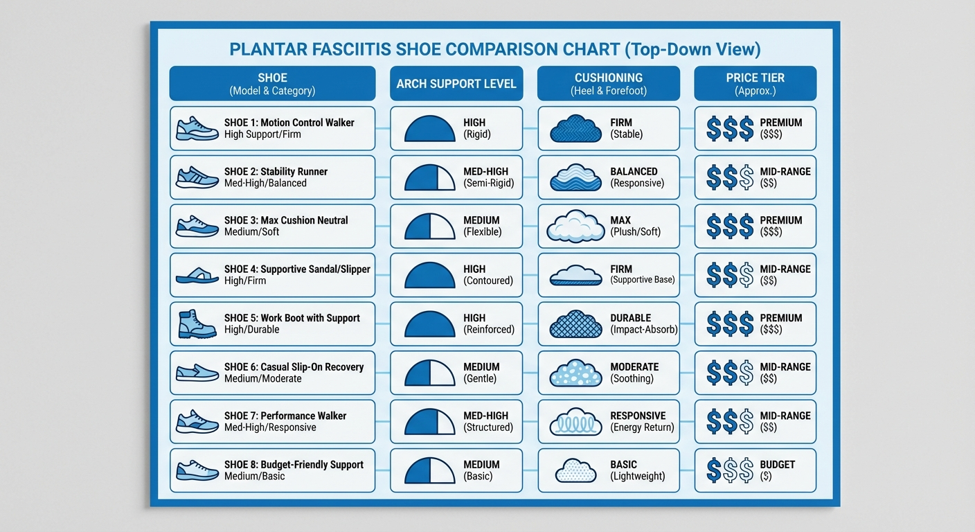 Flat-lay of shoe evaluation items including measuring tape, pressure mapping printout, and shoe insoles for comparison