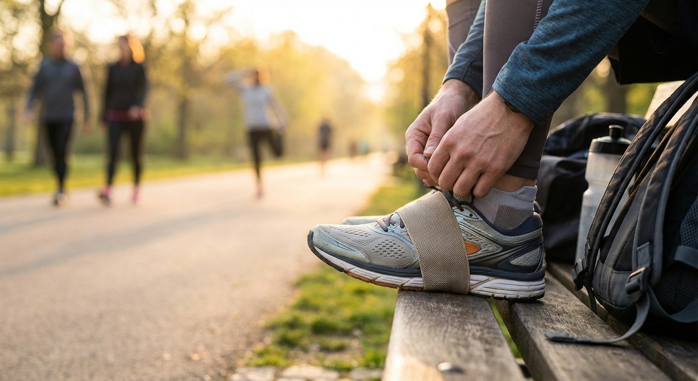 Runner lacing up supportive shoes before a morning jog with plantar fasciitis