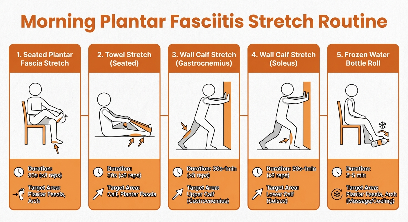 Plantar fasciitis morning stretch routine infographic — 5 key stretches